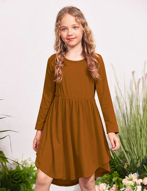 Arshiner Girl Long Sleeve A Line Skater Casual Twirly Casual Dress