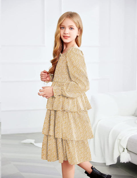 Arshiner Girls Long-Sleeve Tiered Dresses Square Neck Lantern Smocked Ruffle Layered Tie Back Dress