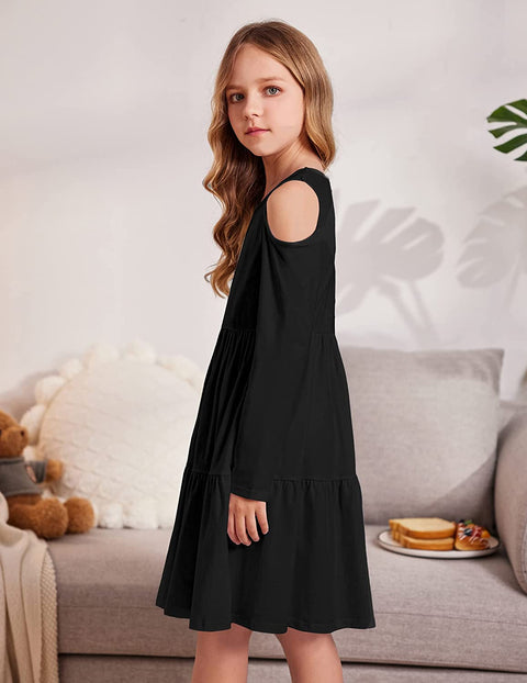 Arshiner Girls Long Sleeve Cold Shoulder Tiered Ruffle Pleated Pockets Dress for 4-14 Years
