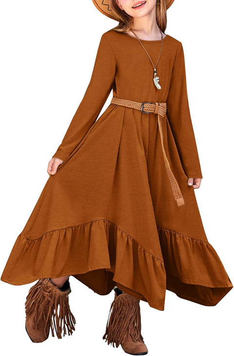 Arshiner Girls Long Sleeve Fall Dress Smocked Waist Round Neck Casual Maxi Western Dress for Kids 6-12 Years