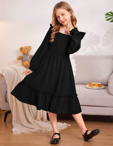 Arshiner Girls Trendy Long Sleeve Ruffle Hem Elastic Waist Dresses