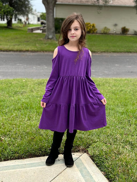Arshiner Girls Long Sleeve Cold Shoulder Tiered Ruffle Pleated Pockets Dress for 4-14 Years