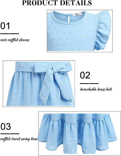 Arshiner Girls Summer Dresses Ruffle Sleeve Swiss Dots Flared Tiered Casual Dress with Belt