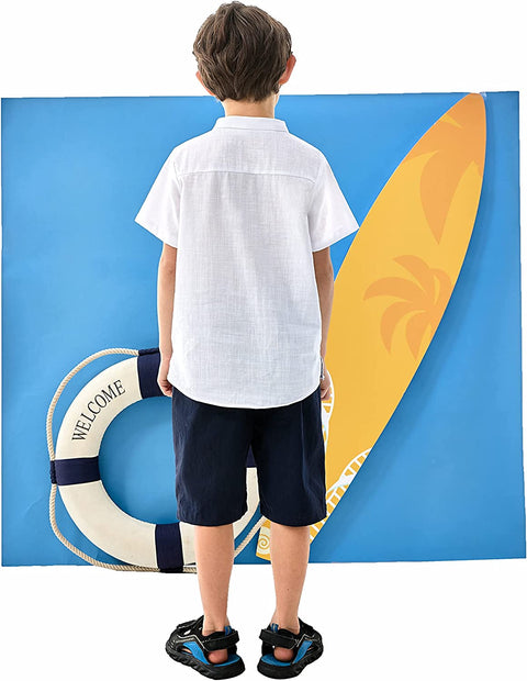 Arshiner Boys Linen Shirt Button Down Henley Short Sleeve Casual Dress Summer Beach T Shirts Top with One Pocket