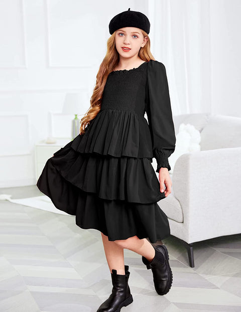 Arshiner Girls Long-Sleeve Tiered Dresses Square Neck Lantern Smocked Ruffle Layered Tie Back Dress