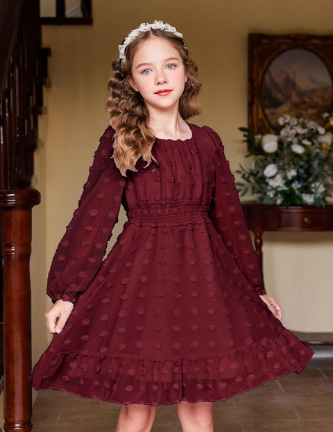 Arshiner Girls Dresses Long Sleeve Square Neck Swiss Dot Casual Flowy Dress