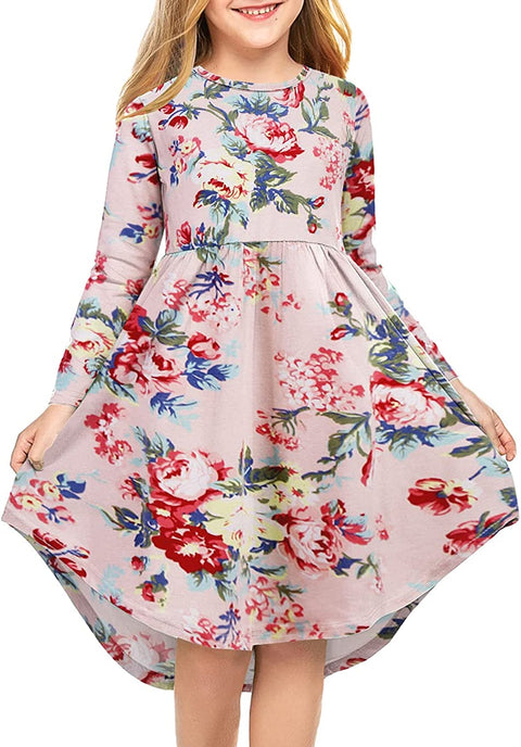 Arshiner Girls Long Sleeve Floral Dress Boho Twirly Skater Swing Dresses