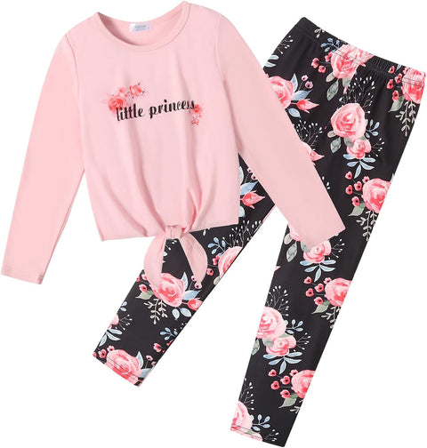 Arshiner Girls 2 Piece Outfits Long Sleeve Shirts and Leggings Sets Tie Knot Crop Top Pants Casual Clothing Set