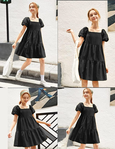 Arshiner Girls Dress Short Puff Sleeve Loose Tiered Ruffle Casual Dresses Square Neck
