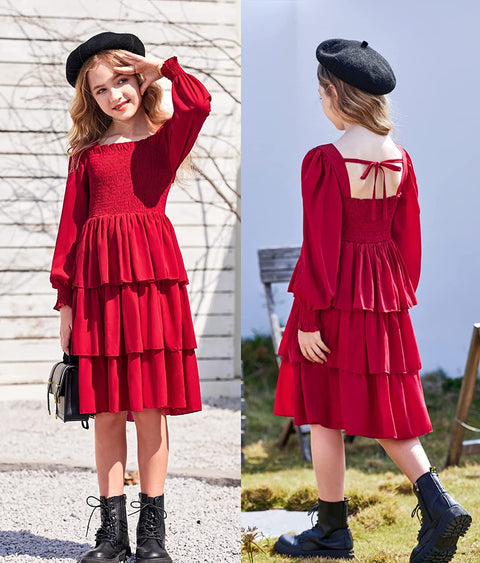 Arshiner Girls Long-Sleeve Tiered Dresses Square Neck Lantern Smocked Ruffle Layered Tie Back Dress