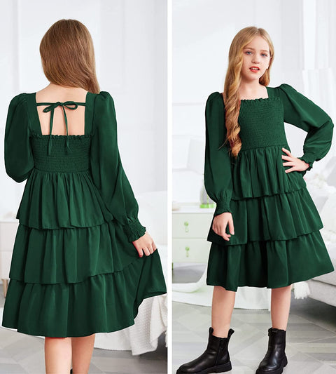 Arshiner Girls Long-Sleeve Tiered Dresses Square Neck Lantern Smocked Ruffle Layered Tie Back Dress