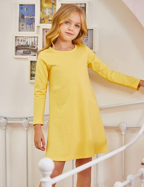 Arshiner Girls Dress Kids Long Sleeve Solid Color Casual T-Shirt Dress