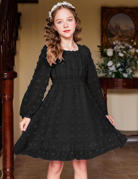 Arshiner Girls Dresses Long Sleeve Square Neck Swiss Dot Casual Flowy Dress