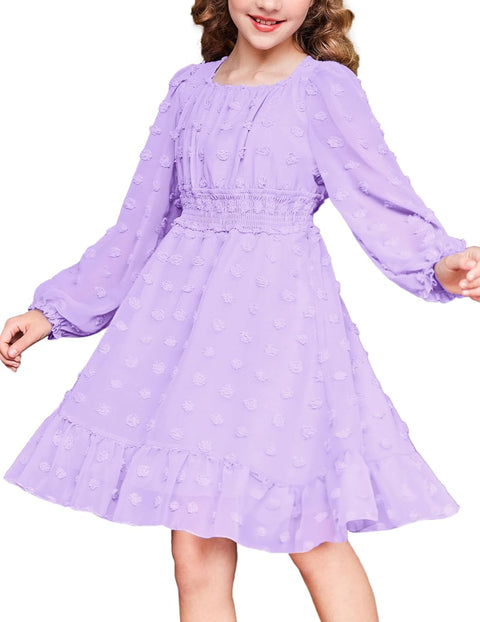 Arshiner Girls Dresses Long Sleeve Square Neck Swiss Dot Casual Flowy Dress