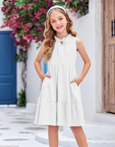 Arshiner Girls Summer Dress Elegant Sleeveless Tie Front V-Neck Ruffle Flowy Casual Sundress with Pockets