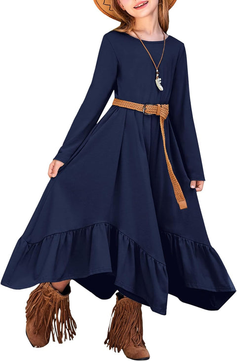 Arshiner Girls Long Sleeve Fall Dress Smocked Waist Round Neck Casual Maxi Western Dress for Kids 6-12 Years