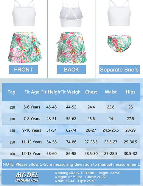 Arshiner Girls Bathing Suits 3 Piece Swimsuit with Cover Up Skirt Beach Surf Floral Tankini Swimwear for 5-14 Years