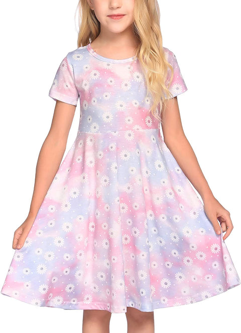 Arshiner Girls Floral Dress Short Sleeve Summer Dresses Skater Twirl Sundress for Girls 4-13 Years