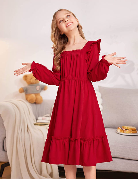 Arshiner Girls Trendy Long Sleeve Ruffle Hem Elastic Waist Dresses