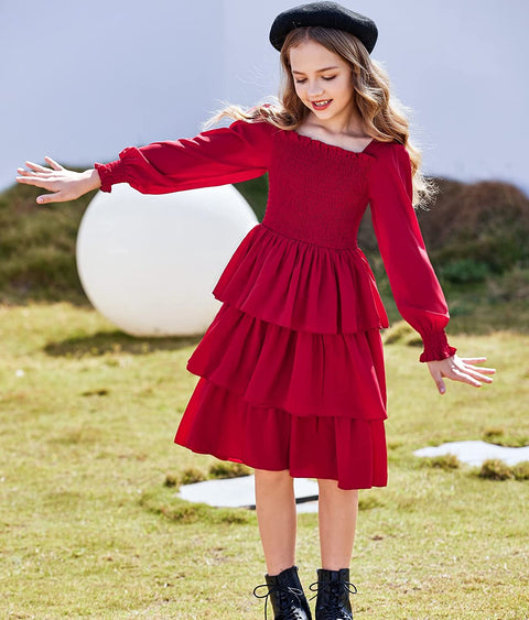 Arshiner Girls Long-Sleeve Tiered Dresses Square Neck Lantern Smocked Ruffle Layered Tie Back Dress