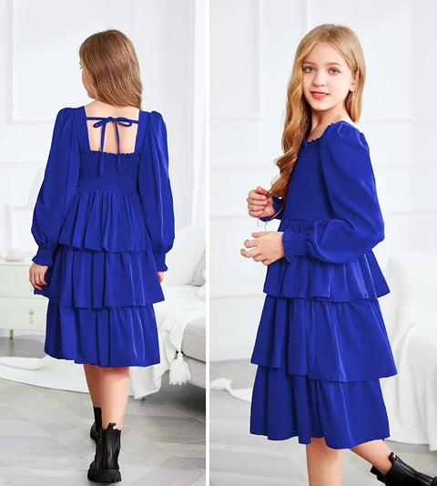 Arshiner Girls Long-Sleeve Tiered Dresses Square Neck Lantern Smocked Ruffle Layered Tie Back Dress