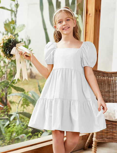 Arshiner Girls Dress Short Puff Sleeve Loose Tiered Ruffle Casual Dresses Square Neck