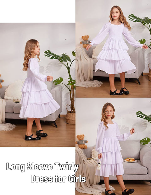 Arshiner Girls Long-Sleeve Tiered Dresses Square Neck Lantern Smocked Ruffle Layered Tie Back Dress
