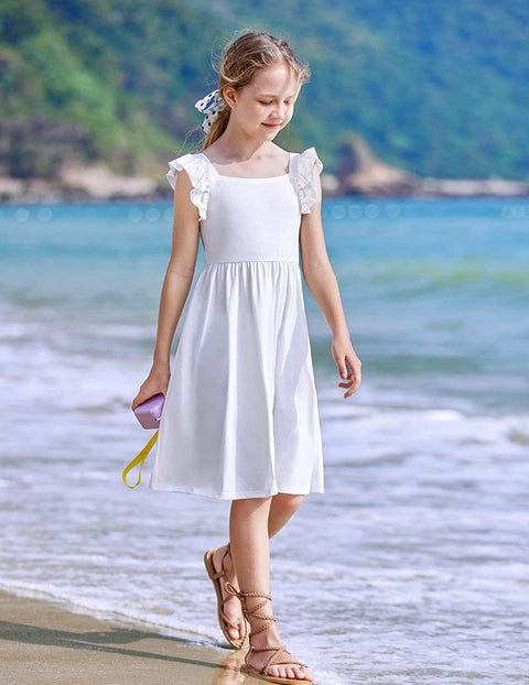 Arshiner Girls Summer Dresses Square Neck Ruffle Sleeve Tie Back A-Line Swing Casual Midi Dress with Pockets