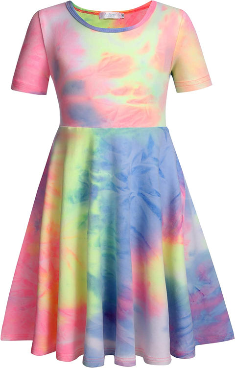 Arshiner Girls Floral Dress Short Sleeve Summer Dresses Skater Twirl Sundress for Girls 4-13 Years