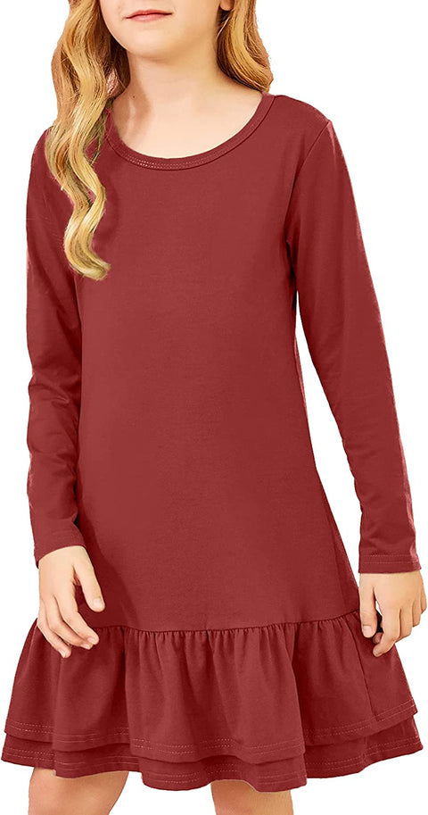 Arshiner Girls Cotton Long Sleeve A-Line Ruffle Hem Dress