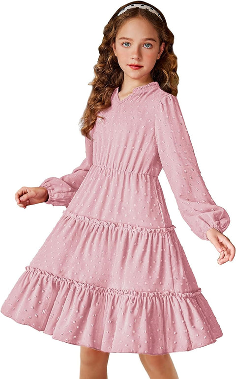 Arshiner Girls Dresses Long Sleeve Swiss Dot V Neck Ruffle Tiered Casual Party Dress