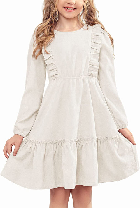 Arshiner Girls Dresses A-line Ruffled Button Corduroy Swing Dress