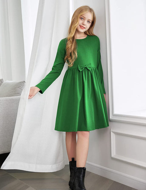 Arshiner Girls Long Sleeve Dress A line Twirly Skater Bow Tie Dress