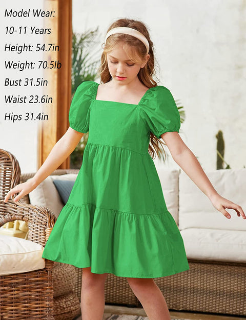 Arshiner Girls Dress Short Puff Sleeve Loose Tiered Ruffle Casual Dresses Square Neck
