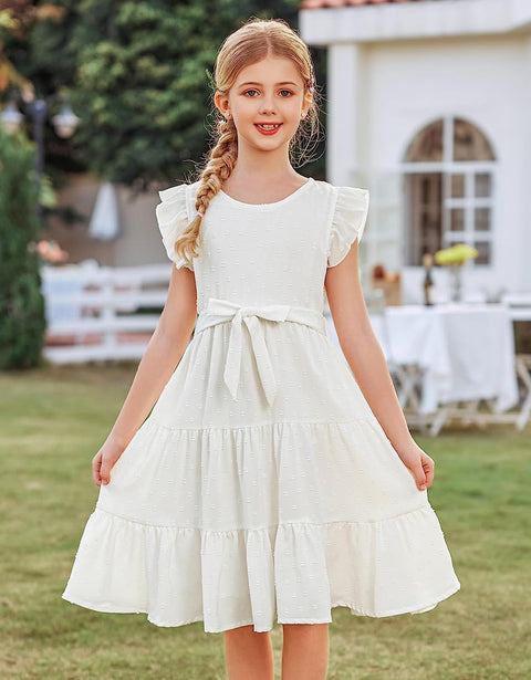 Arshiner Girls Summer Dresses Ruffle Sleeve Swiss Dots Flared Tiered Casual Dress with Belt