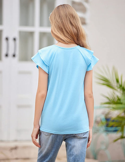 Girls T Shirts Ruffle Short Sleeve Round Neck Loose Blouse Summer Solid Color Casual Girl Tee Tops for 3-12 Years