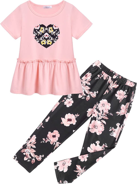 Arshiner Toddler Girls Outfit 2 Piece Kids Clothes Floral Ruffle Tops & Pant Sets Summer Cute Tracksuit with Pockets