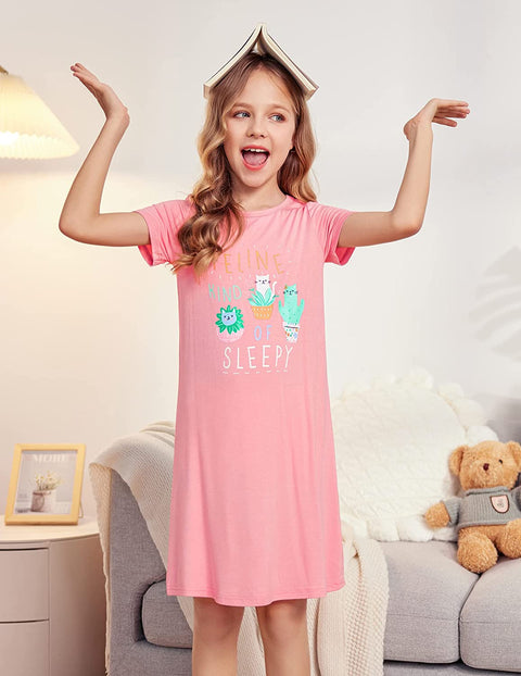 Arshiner Girls Nightgowns Short Sleeve Cute Cartoon Print Pajama Sleep Dress For Kids Button Down Nighties