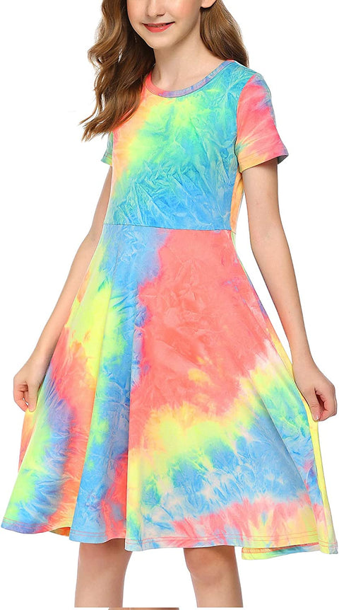 Arshiner Girls Floral Dress Short Sleeve Summer Dresses Skater Twirl Sundress for Girls 4-13 Years