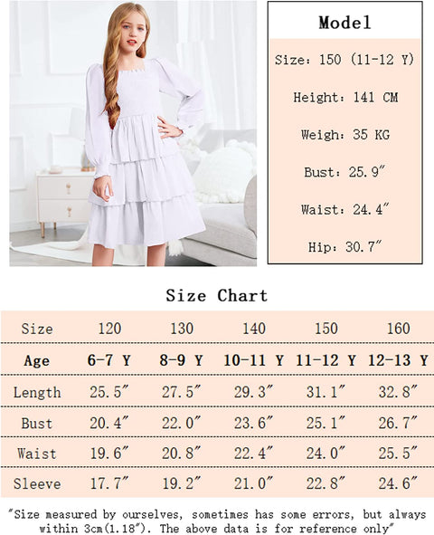 Arshiner Girls Long-Sleeve Tiered Dresses Square Neck Lantern Smocked Ruffle Layered Tie Back Dress