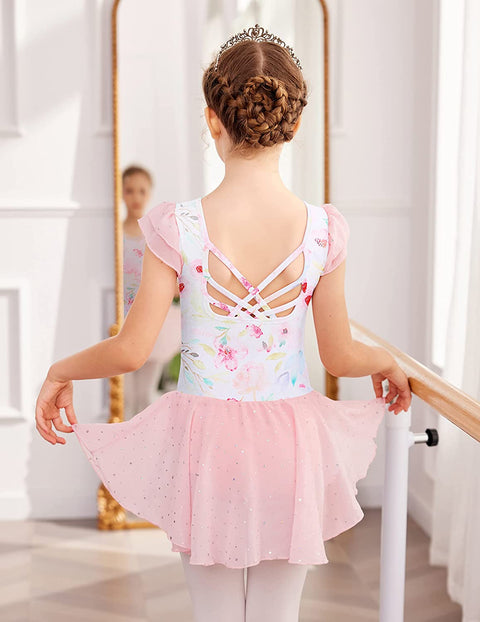 Arshiner Girls Shiny Ruffle Sleeve Ballet Leotard with Skirt