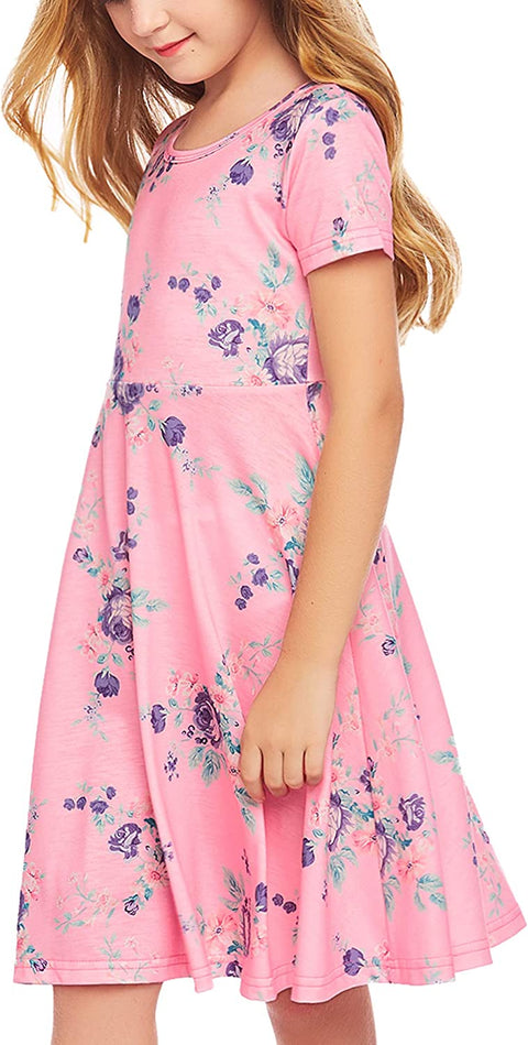 Arshiner Girls Floral Dress Short Sleeve Summer Dresses Skater Twirl Sundress for Girls 4-13 Years