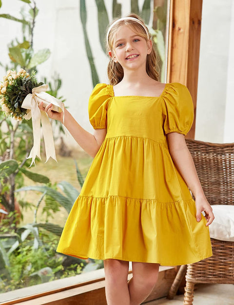 Arshiner Girls Dress Short Puff Sleeve Loose Tiered Ruffle Casual Dresses Square Neck