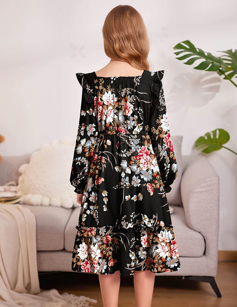 Arshiner Girls Trendy Long Sleeve Ruffle Hem Elastic Waist Dresses
