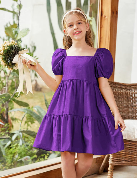 Arshiner Girls Dress Short Puff Sleeve Loose Tiered Ruffle Casual Dresses Square Neck