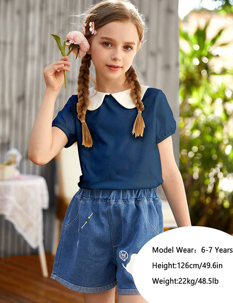 Arshiner Girls Long/Short Sleeve Tops Basic Peter Pan Collar T-Shirts Soft Blouses Tees