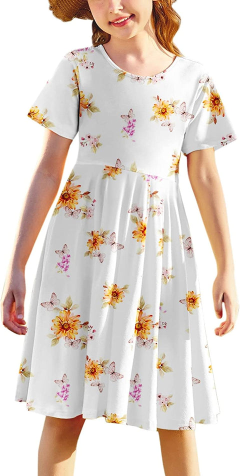 Arshiner Girls Floral Dress Short Sleeve Summer Dresses Skater Twirl Sundress for Girls 4-13 Years