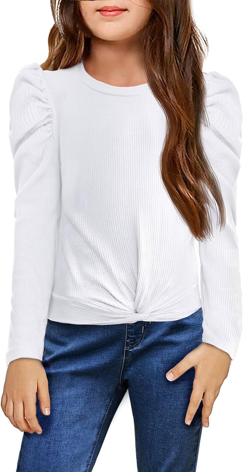 Arshiner Girls Puff Long Sleeve Shirts Twist Front Ribbed Knit T Shirt Crop Tops Tee Blouse