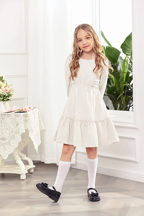 Arshiner Girls Dresses A-line Ruffled Button Corduroy Swing Dress