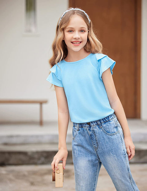Girls T Shirts Ruffle Short Sleeve Round Neck Loose Blouse Summer Solid Color Casual Girl Tee Tops for 3-12 Years